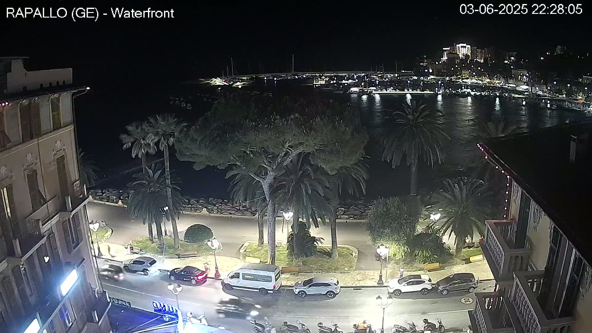 A nighttime view of a waterfront promenade lined with palm trees and buildings, with cars parked along the street and a harbor filled with boats in the background under a clear, dark sky.