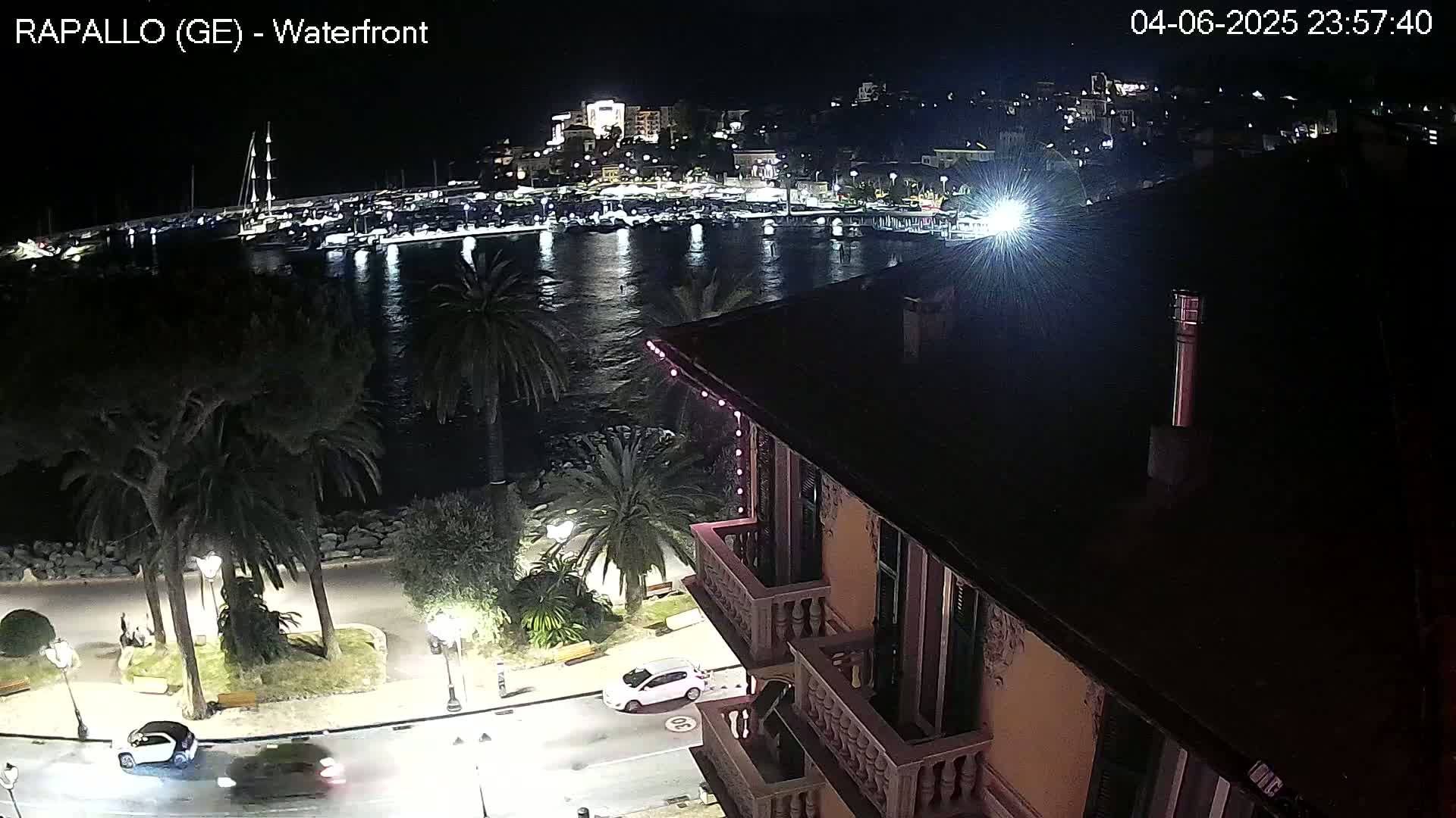 A nighttime view from a building overlooking a harbor filled with boats, a waterfront lined with palm trees and streetlights, and a town illuminated in the distance under a clear sky.