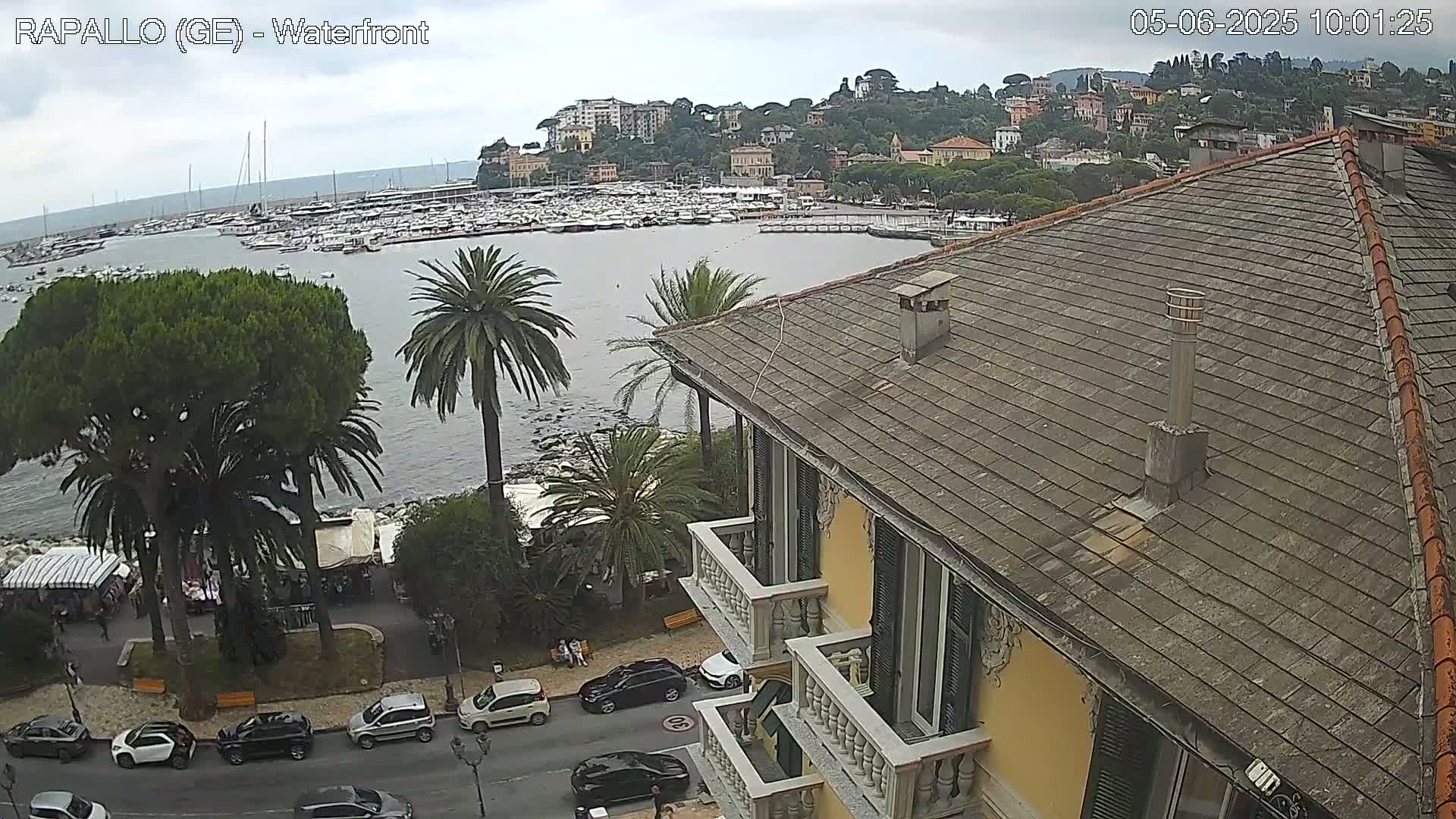 Overlooking a harbor filled with boats, a coastal town with buildings nestled on a hillside, under an overcast sky, is a view from a building's balcony.