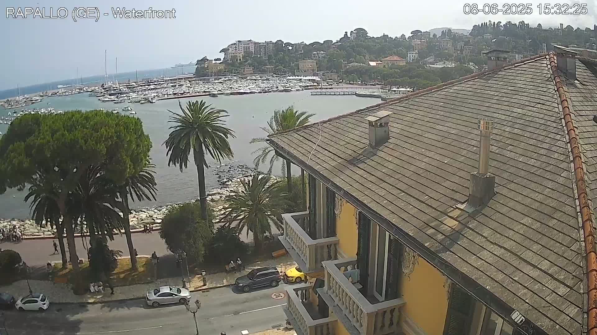 A waterfront view shows a harbor filled with boats, a town built on a hillside, and palm trees lining a roadway, all under a mostly clear sky.
