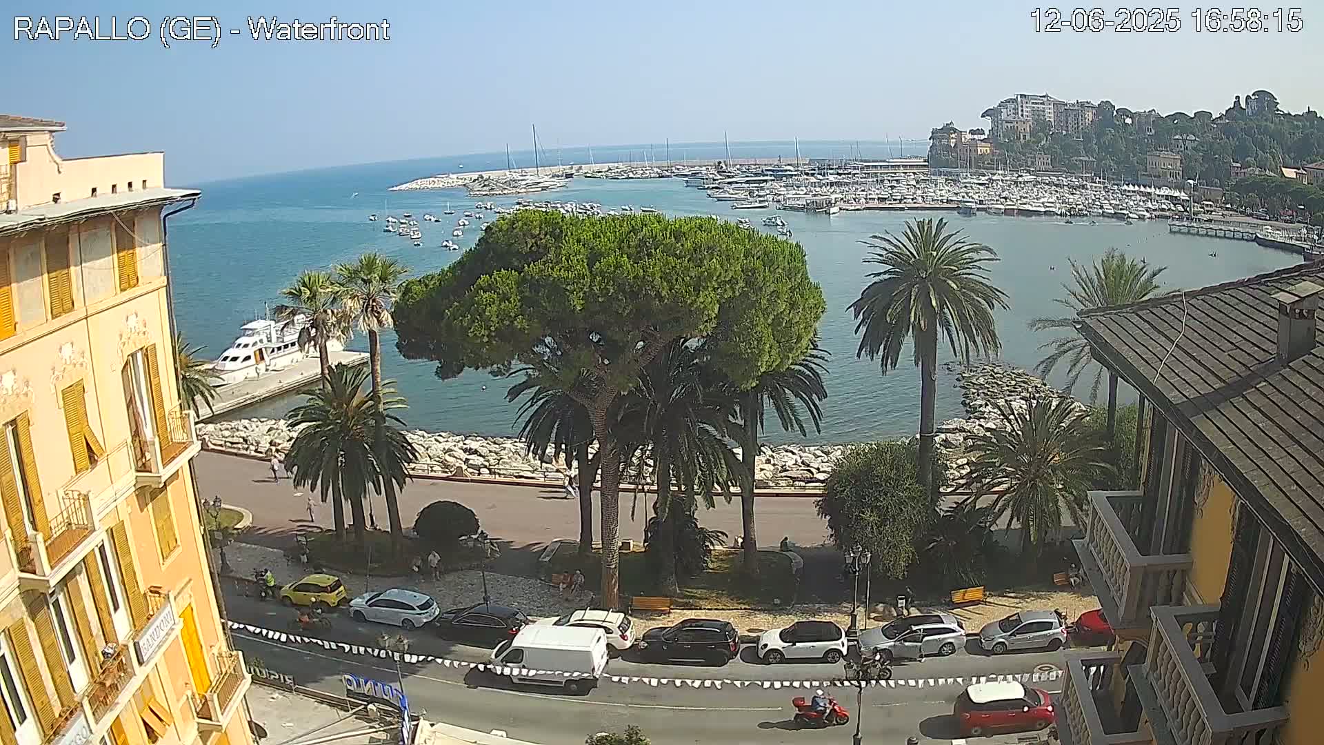 A waterfront view on a sunny day shows a harbor filled with boats, a seaside road with cars and pedestrians, palm trees, and buildings along the coast.