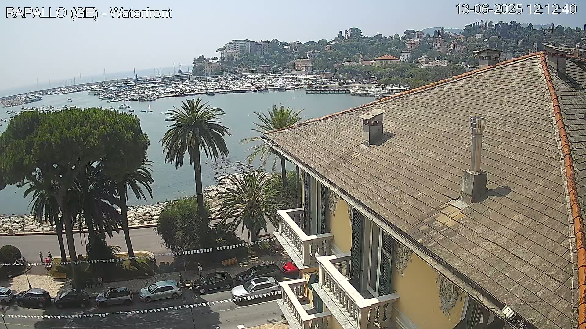A waterfront view on a sunny day shows a harbor filled with boats, a town nestled on a hillside, palm trees lining a roadway, and the tiled roof of a building in the foreground.