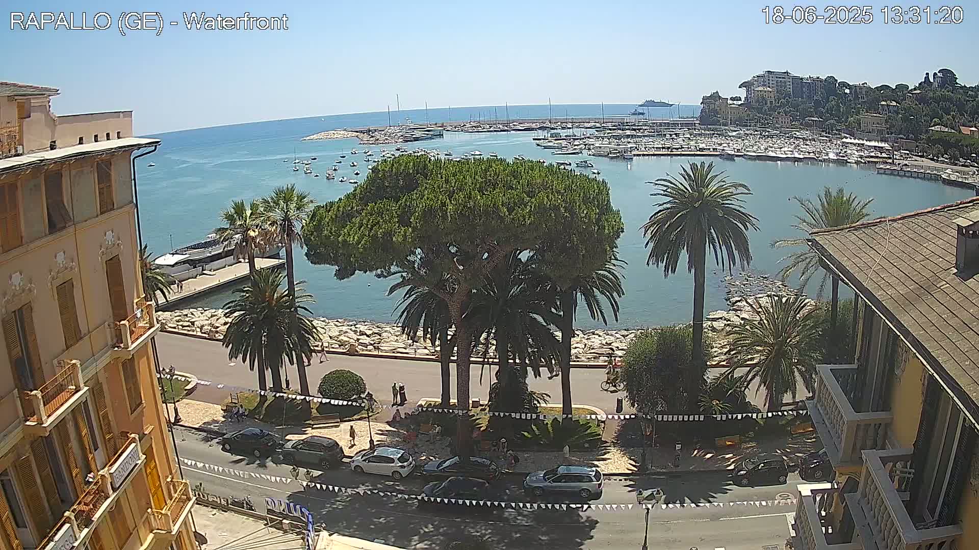 A waterfront scene on a sunny day shows a harbor filled with boats, palm trees lining a paved walkway, and buildings along the shore.
