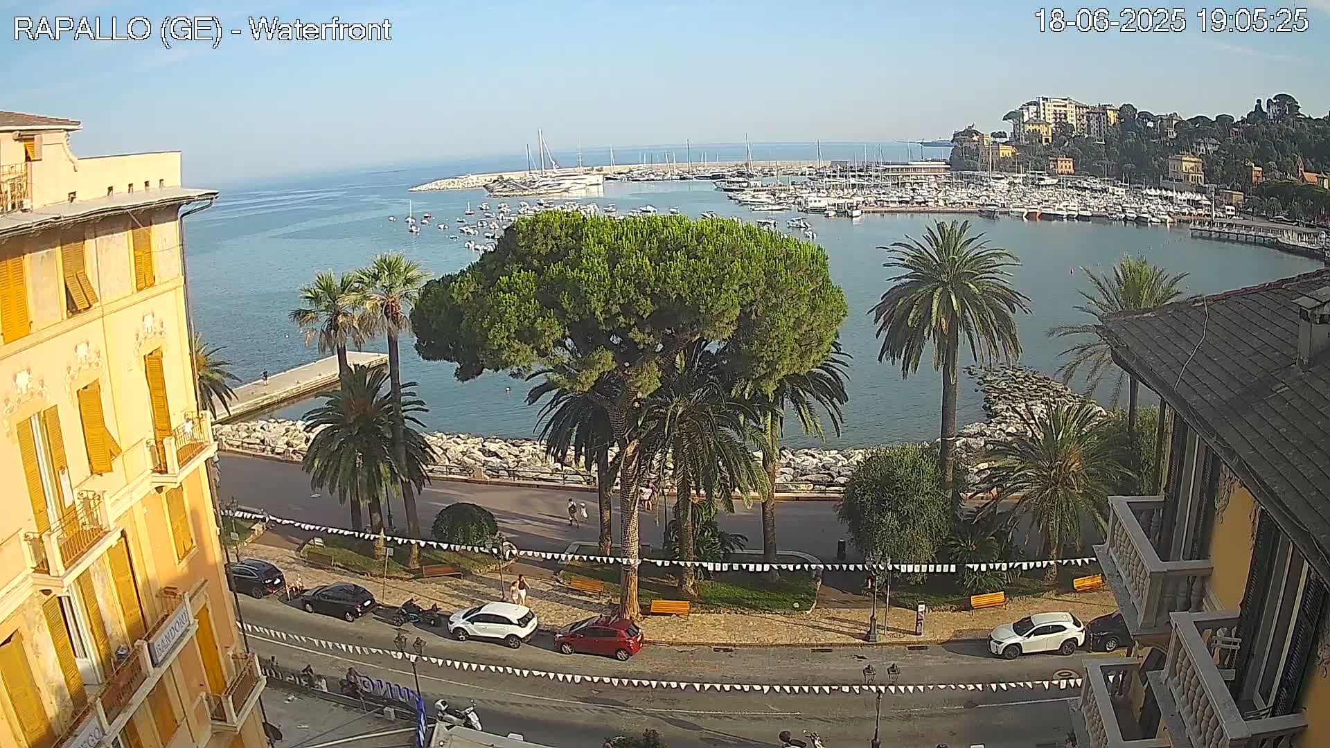 A waterfront view on a sunny day shows a harbor filled with boats, a seaside promenade lined with palm trees and cars, and buildings on either side.