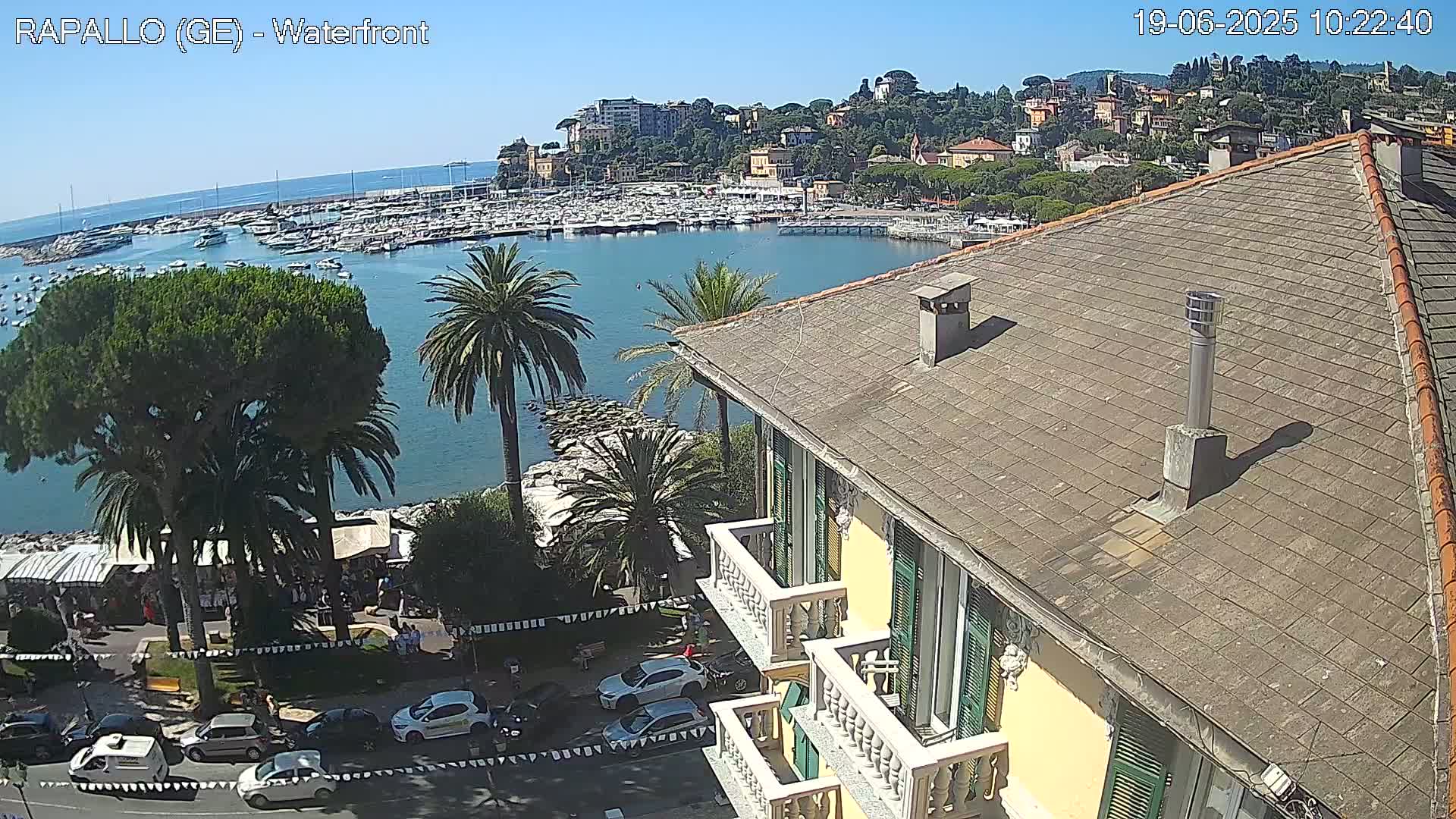 A waterfront view of a town on a sunny day, showing a harbor filled with boats, buildings on a hillside, palm trees, and a portion of a building's roof and balcony.