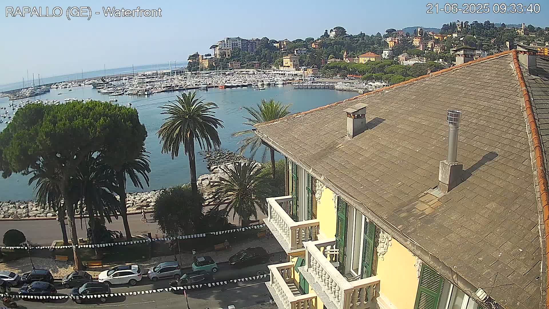 A sunny view from a rooftop shows a harbor filled with boats, a waterfront lined with palm trees and cars, and a town nestled on a hillside in the background.