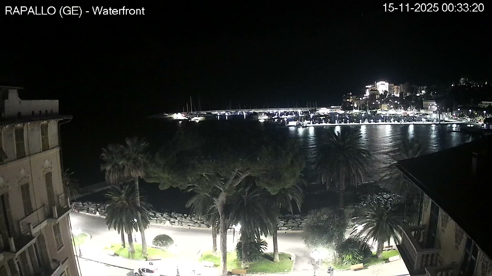 On a clear night, an illuminated coastal town is seen from above, showcasing a bustling marina filled with boats, a tree-lined waterfront road, and brightly lit buildings on a distant hillside.