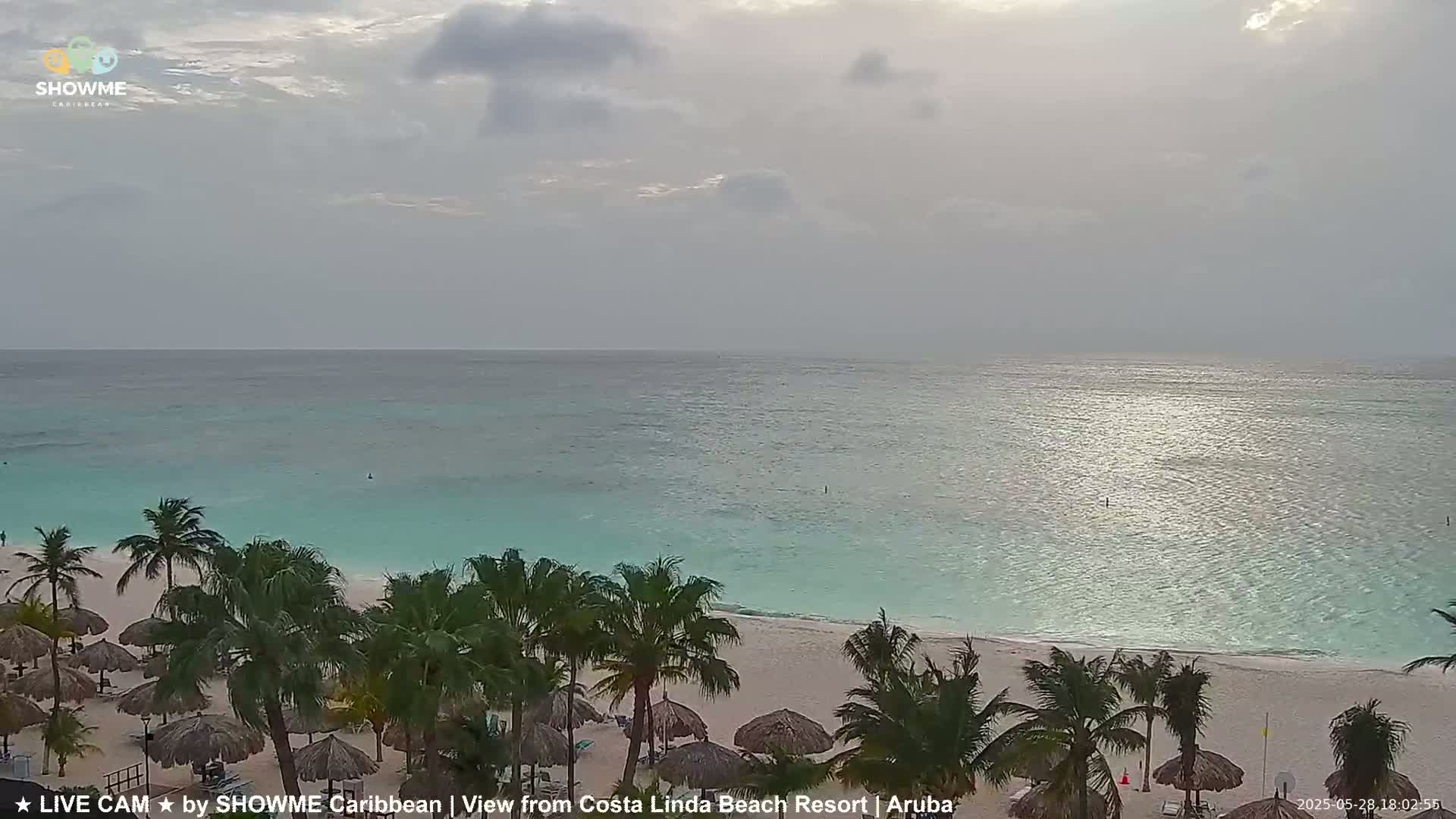A beach with palm trees and thatched-roof umbrellas is visible under a cloudy sky, with calm, turquoise water extending to the horizon.