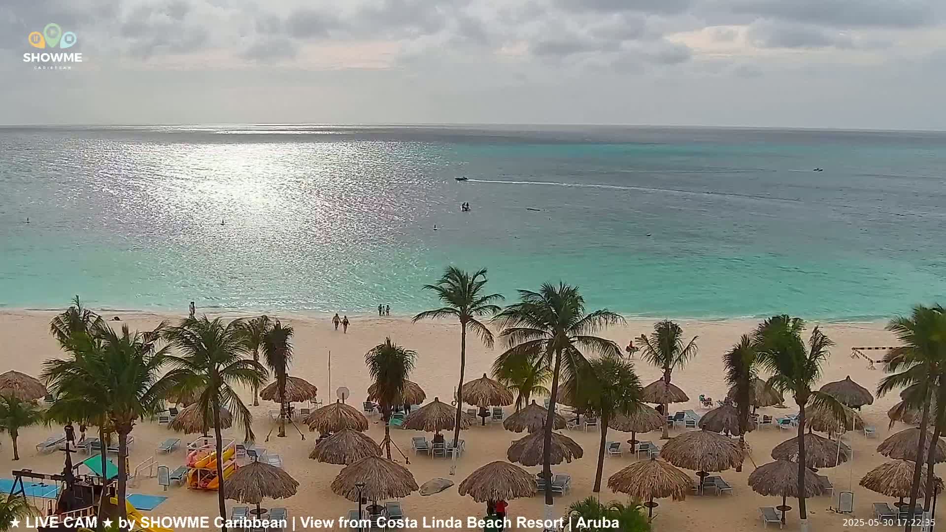 A beach with palm trees and thatched umbrellas under a partly cloudy sky, showing a calm turquoise ocean with some watercraft.