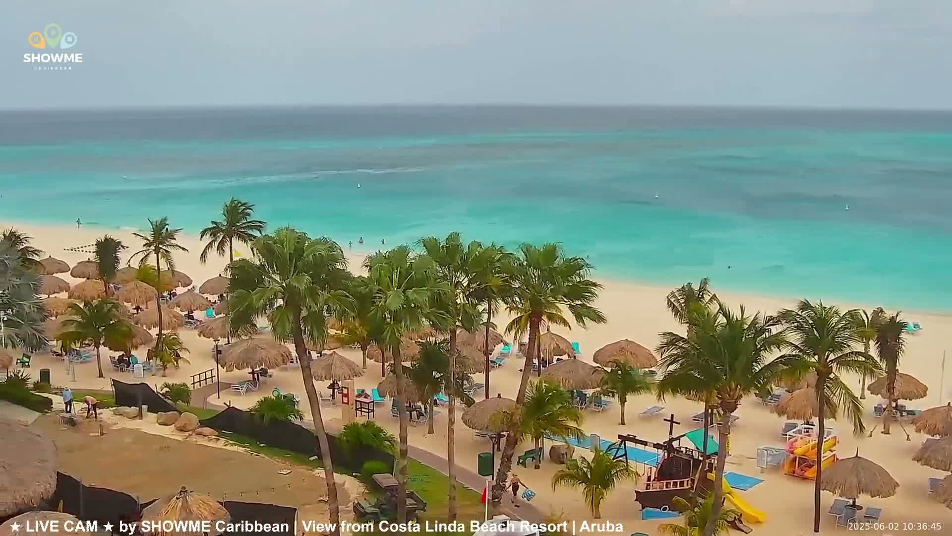 A white sandy beach with turquoise water and numerous palm trees is shown under an overcast sky.