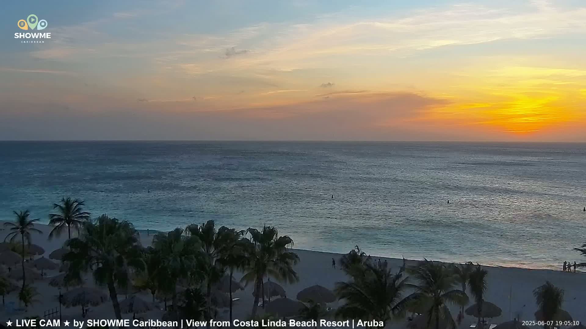 A beach with palm trees is seen at sunset, with calm ocean waters under a partly cloudy sky.