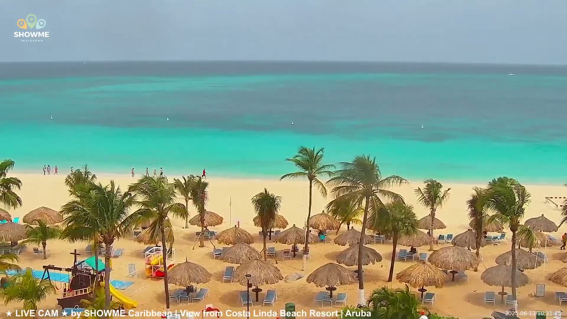 A sandy beach with palm trees and thatched umbrellas stretches toward a calm, turquoise ocean under an overcast sky.