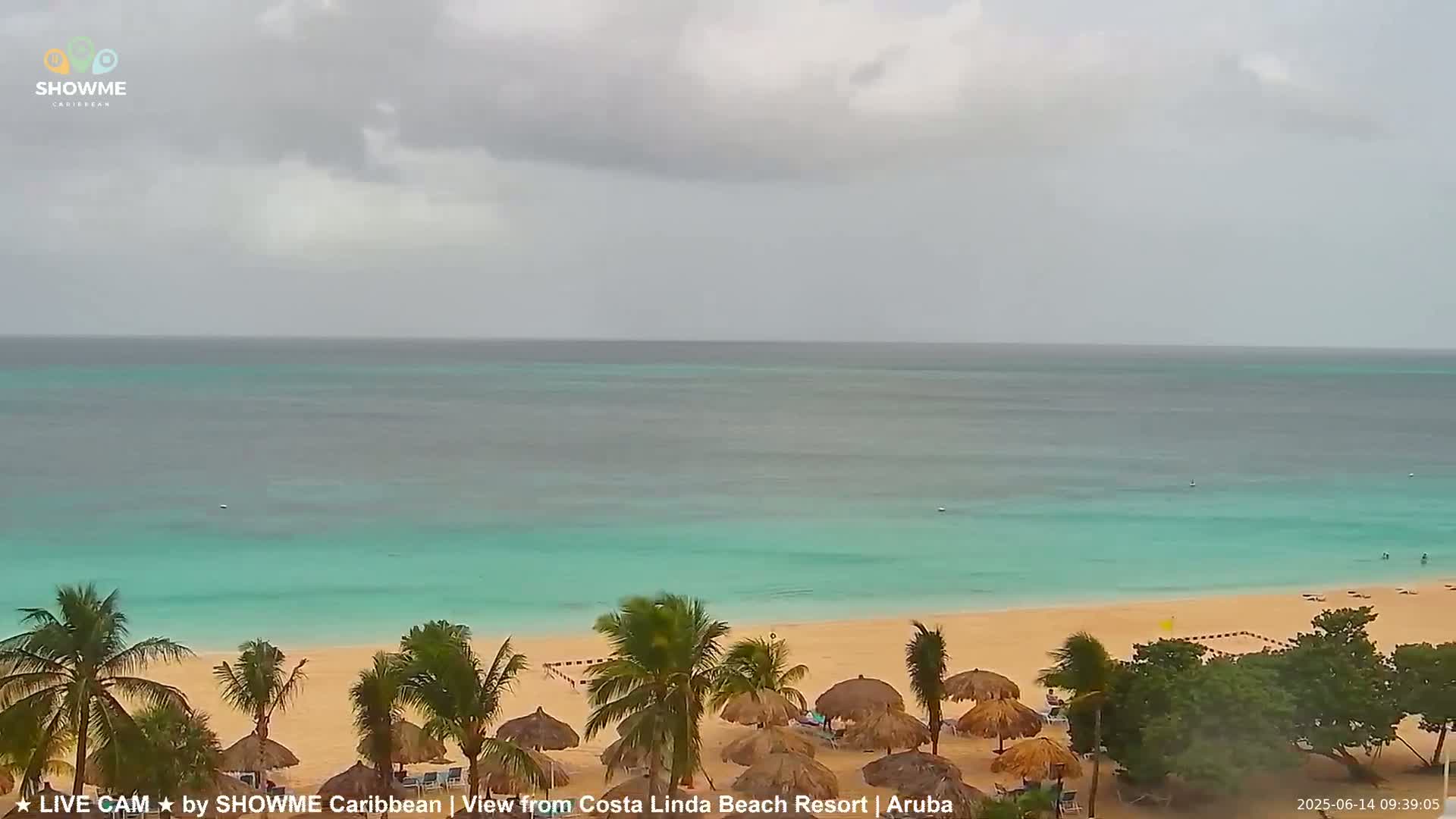 A beach with palm trees and thatch-roofed structures is visible under an overcast sky, with turquoise water extending to the horizon.