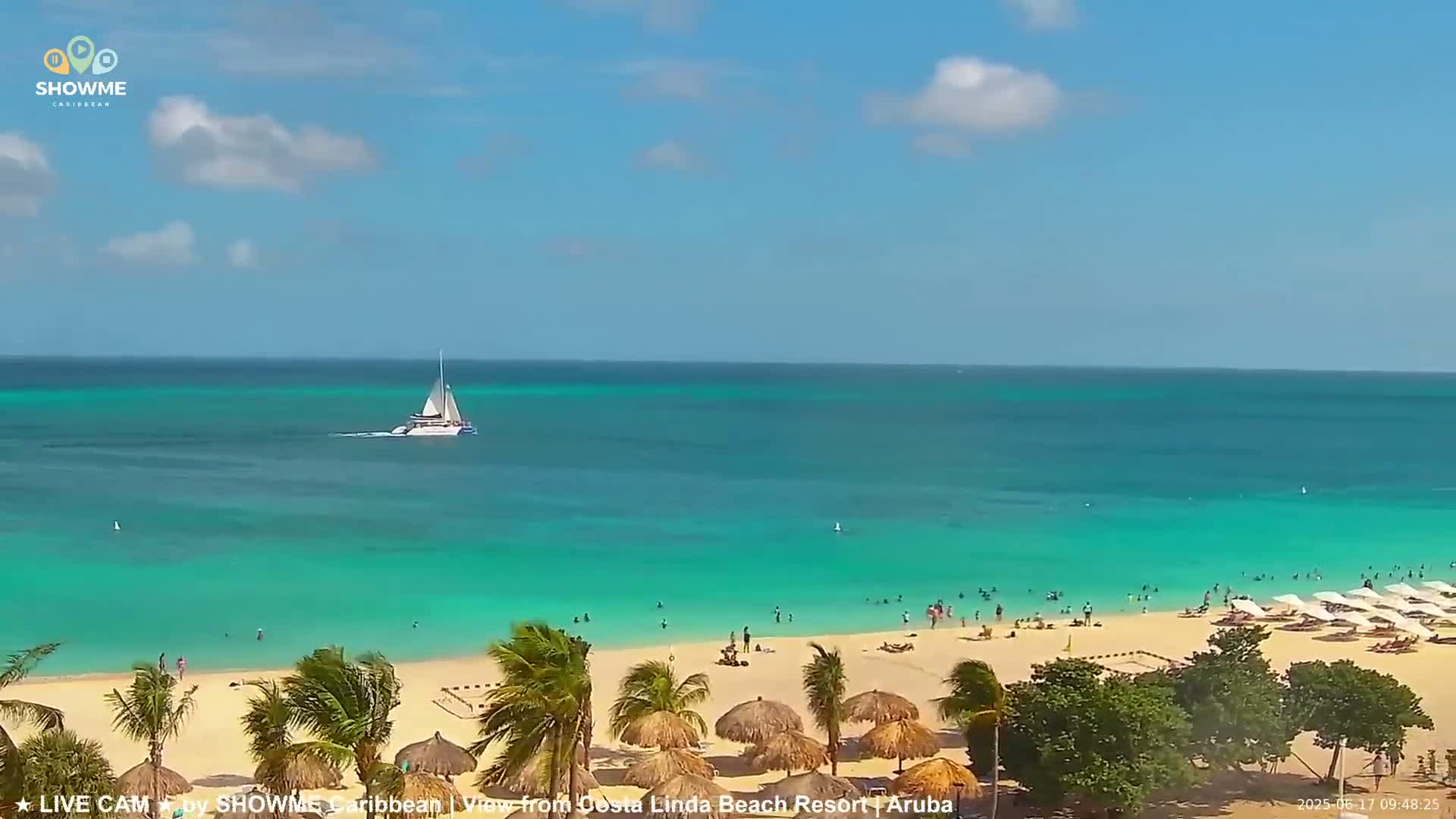 A sunny day at a tropical beach shows turquoise water, a sailboat offshore, and people swimming and relaxing on the shore under thatched umbrellas.