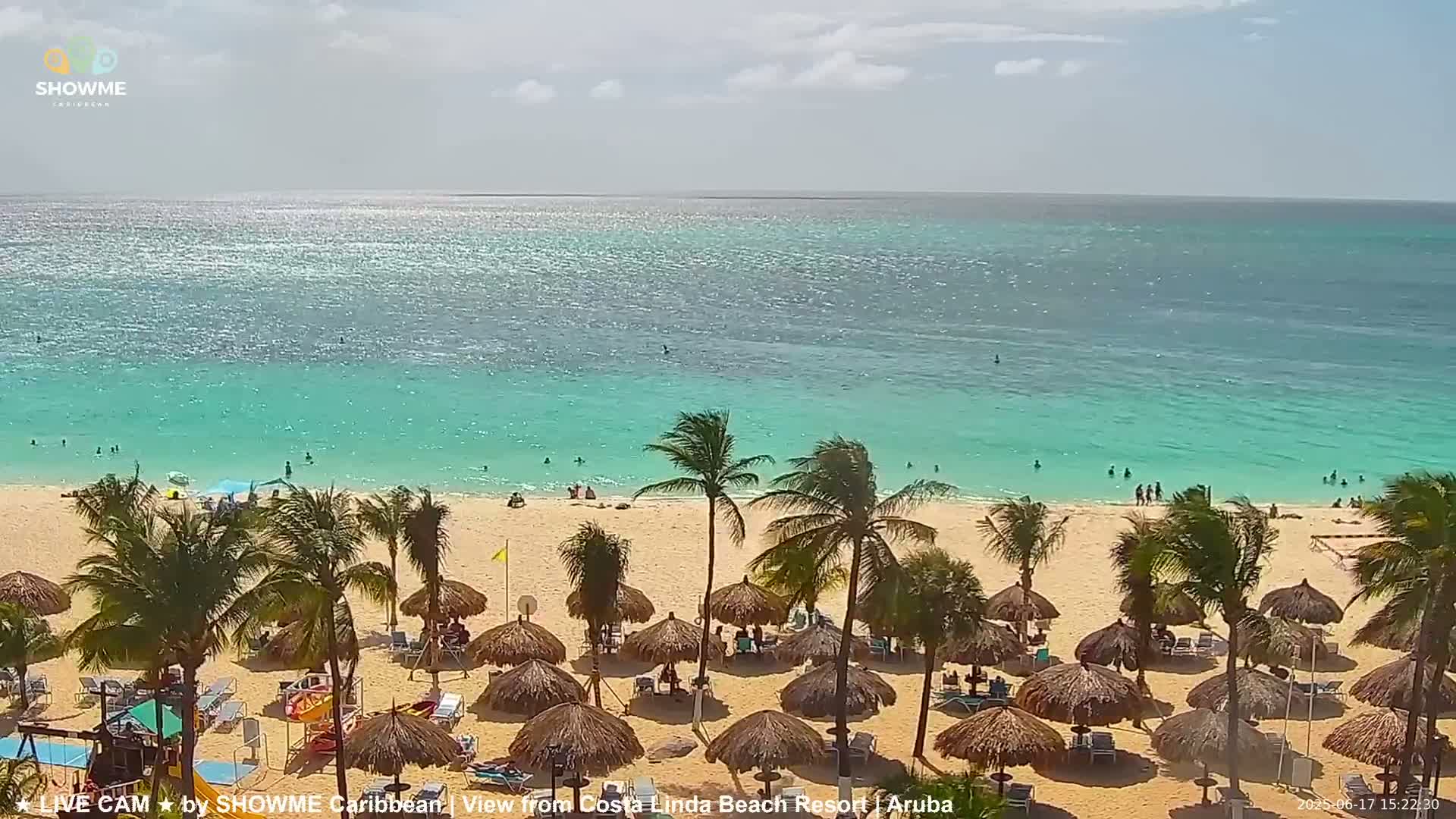 A sandy beach with palm trees and thatched umbrellas is bordered by a calm, turquoise ocean under a partly sunny sky.