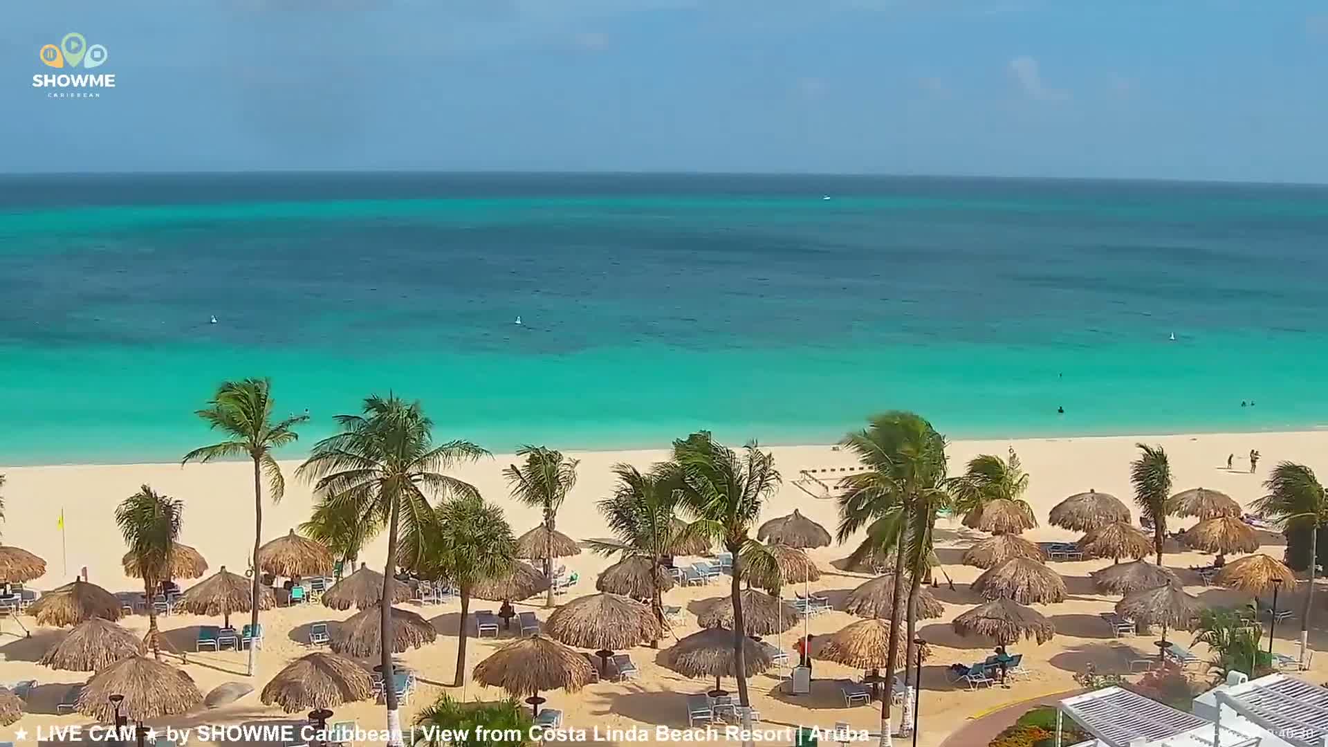 A white sandy beach with numerous thatched umbrellas, palm trees, and turquoise water under a sunny sky is shown.
