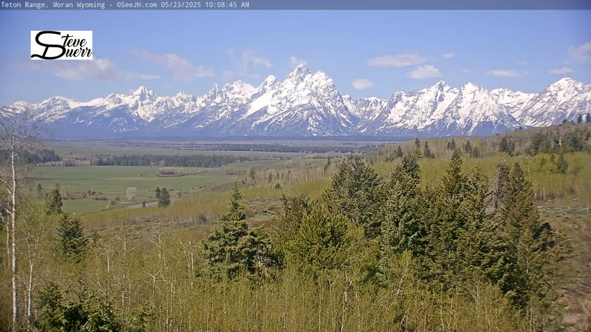 A snow-capped mountain range is visible in the distance, beyond a valley of green fields and forests under a mostly clear, sunny sky.