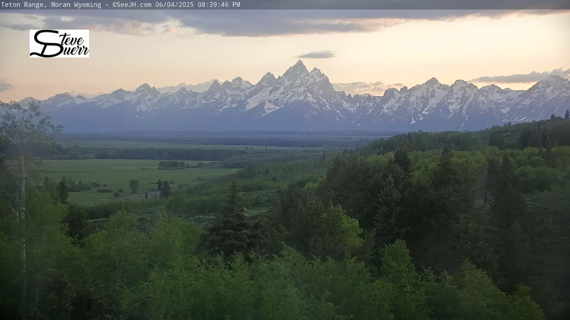 A snow-capped mountain range is visible in the distance under a partly cloudy, twilight sky, with a foreground of lush green trees and fields.