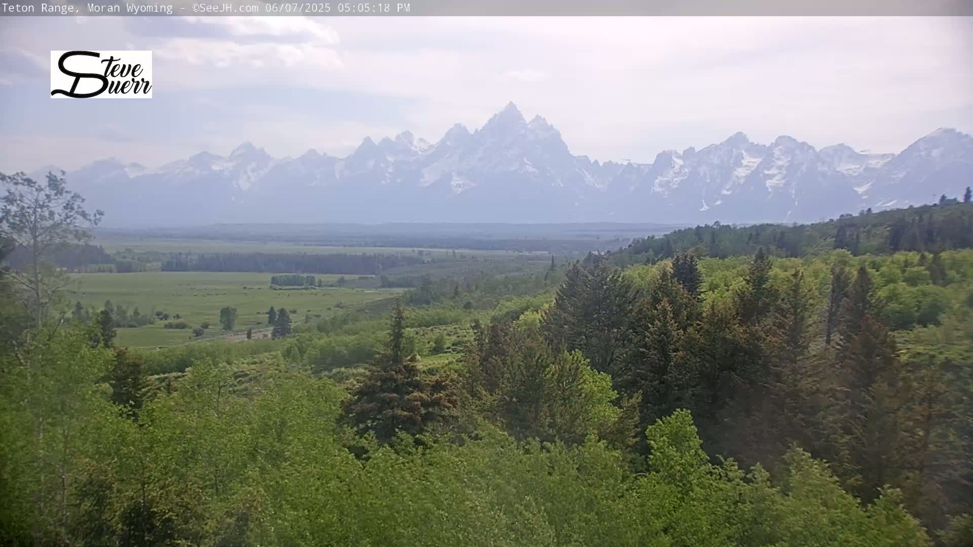 A hazy view shows a verdant valley and forested hillside in the foreground, with a snow-capped mountain range in the background under a partly cloudy sky.