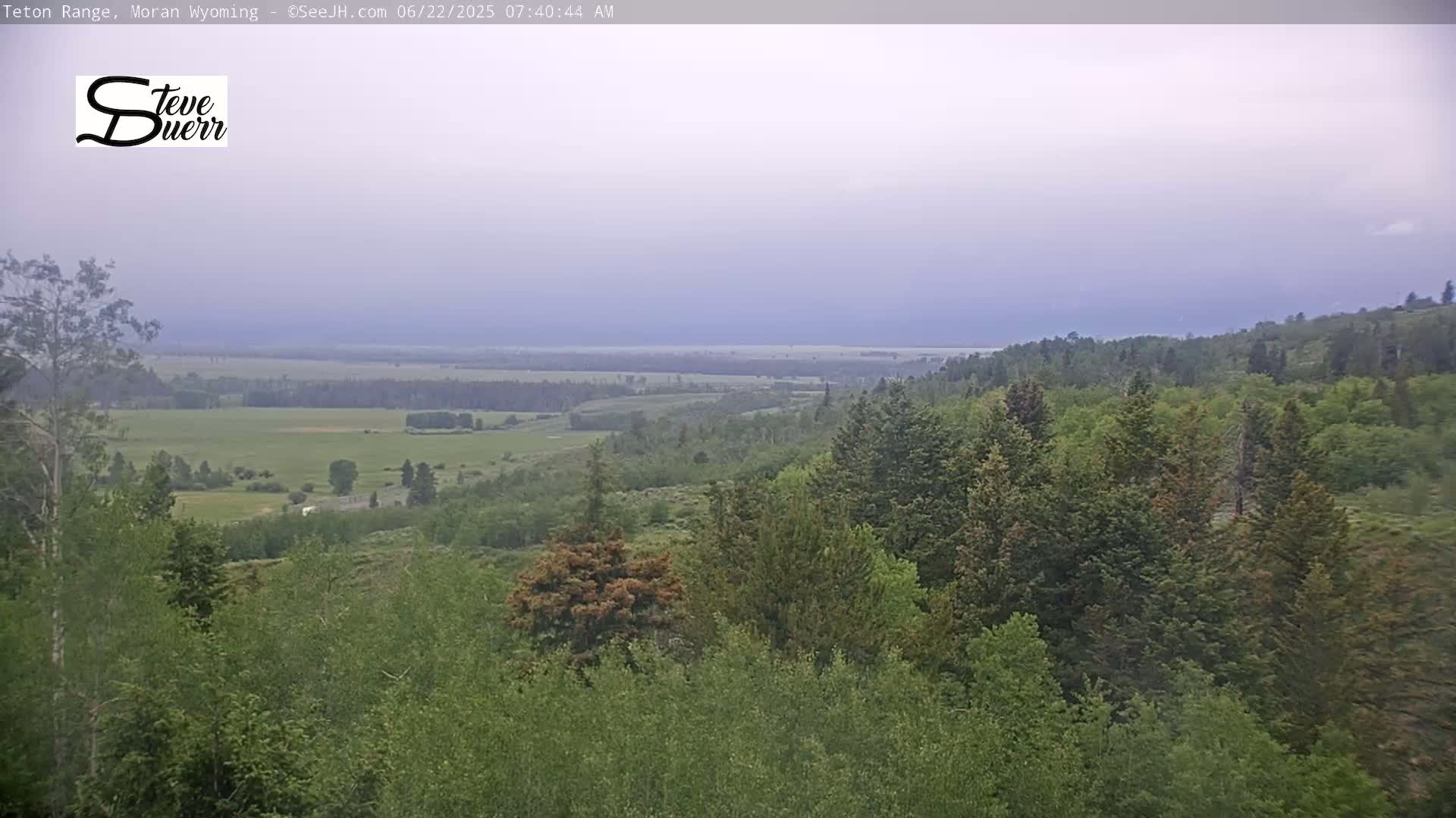 A hazy, overcast view shows a vast expanse of green fields and forests stretching to a distant horizon.