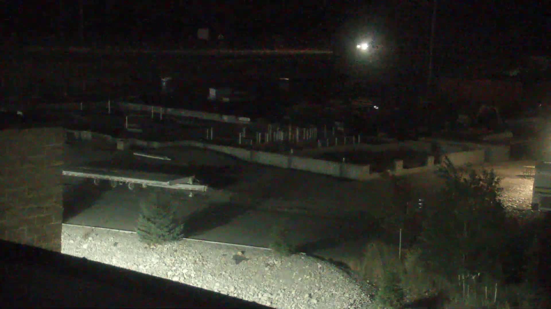 A nighttime view of a parking lot with a school bus and other vehicles, surrounded by sparse vegetation under a clear, dark sky.