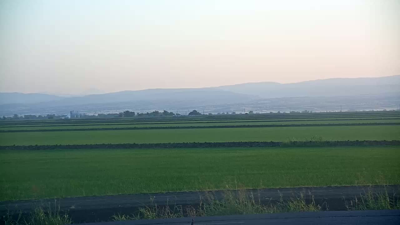 Vast, flat, green fields stretch to a hazy mountain range under a pale sky.