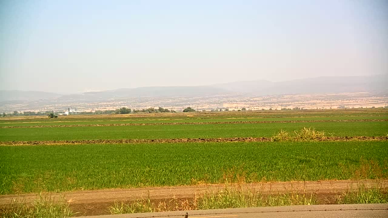A hazy, sunny day reveals vast, flat farmland with rows of vibrant green crops, bordered by a dirt road, and distant mountains under a light-blue sky.