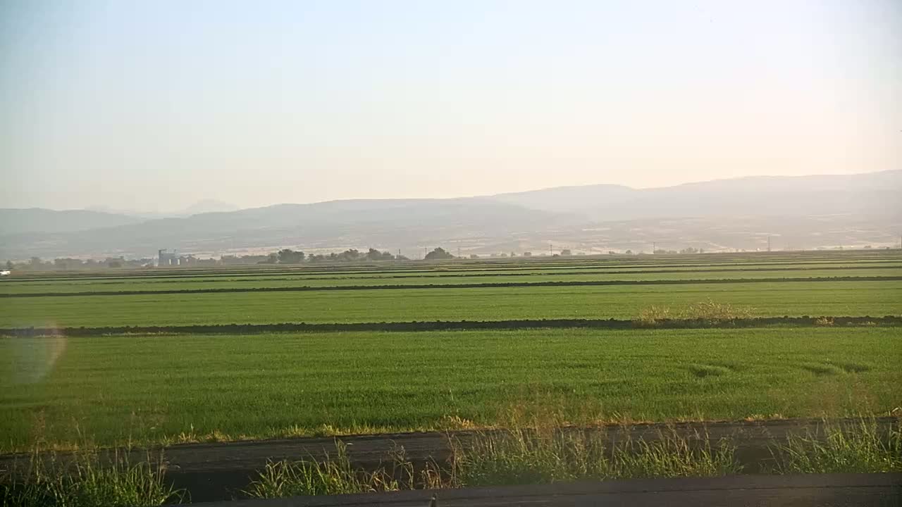 Vast, flat green fields stretch to hazy mountains under a clear, light sky.