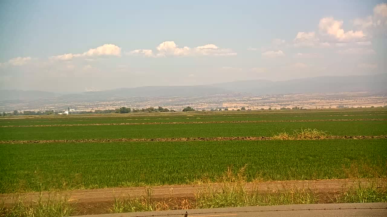 A vast, flat field of green crops stretches to the horizon under a partly cloudy sky, with distant mountains visible in the background.