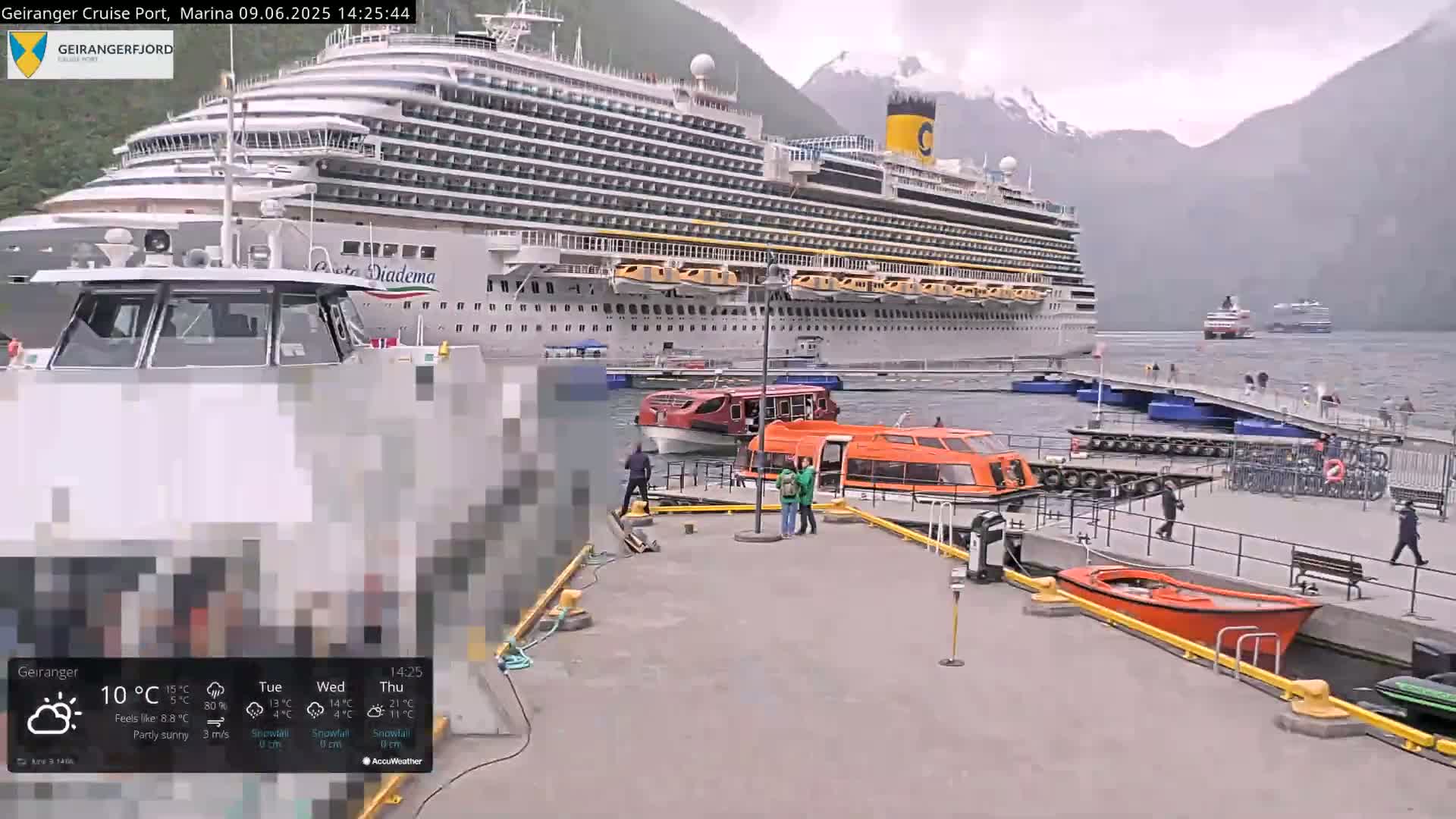 A large cruise ship is docked at a port, with several smaller boats nearby, under partly sunny skies.