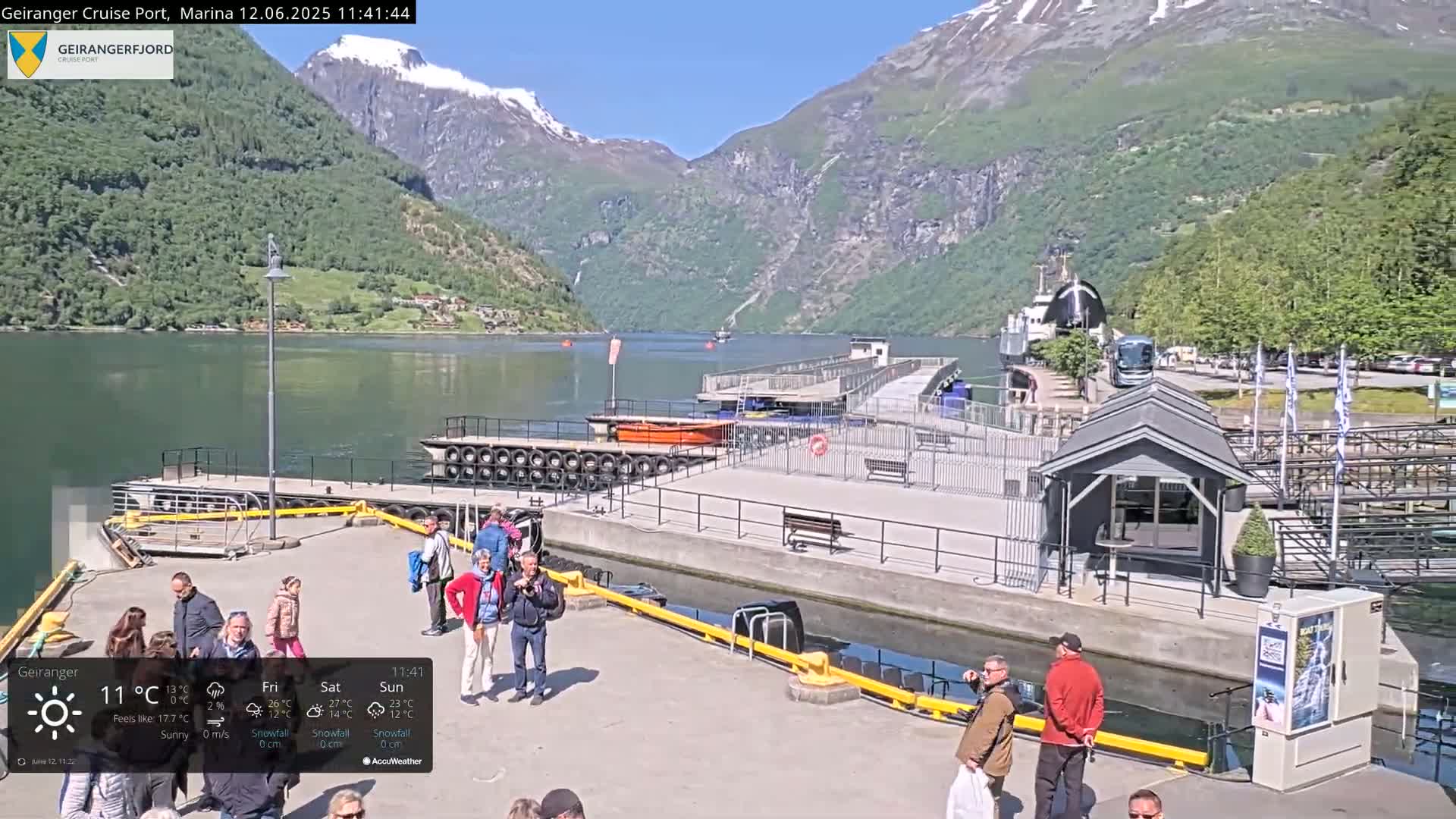 A sunny day at a cruise port, situated between a calm body of water and mountains with some snow on their peaks, features several people gathered near buildings and docks.