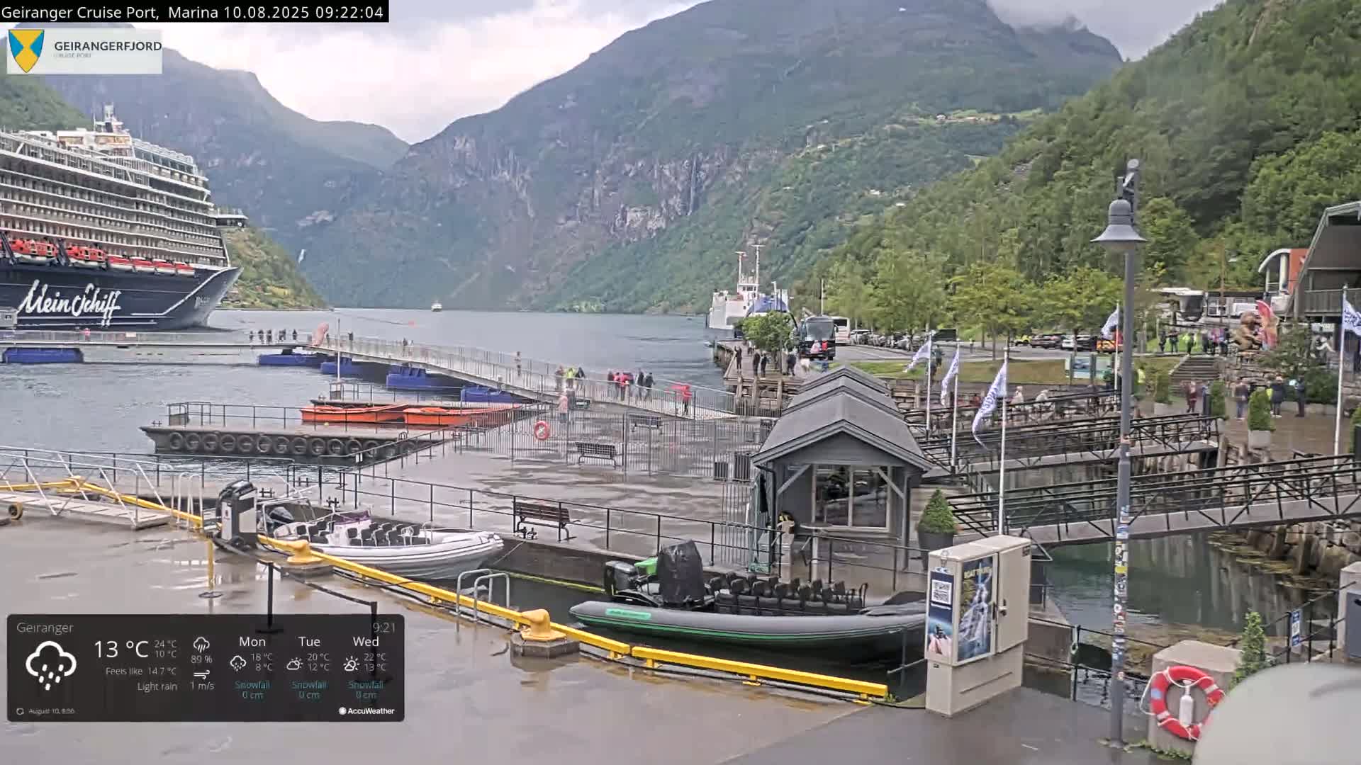 A large cruise ship is docked at a marina nestled in a fjord surrounded by mountains under light rain.