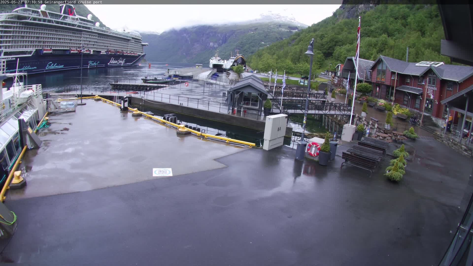 A large cruise ship is docked at a port in a fjord, surrounded by smaller vessels, buildings, and wet pavement under an overcast sky.