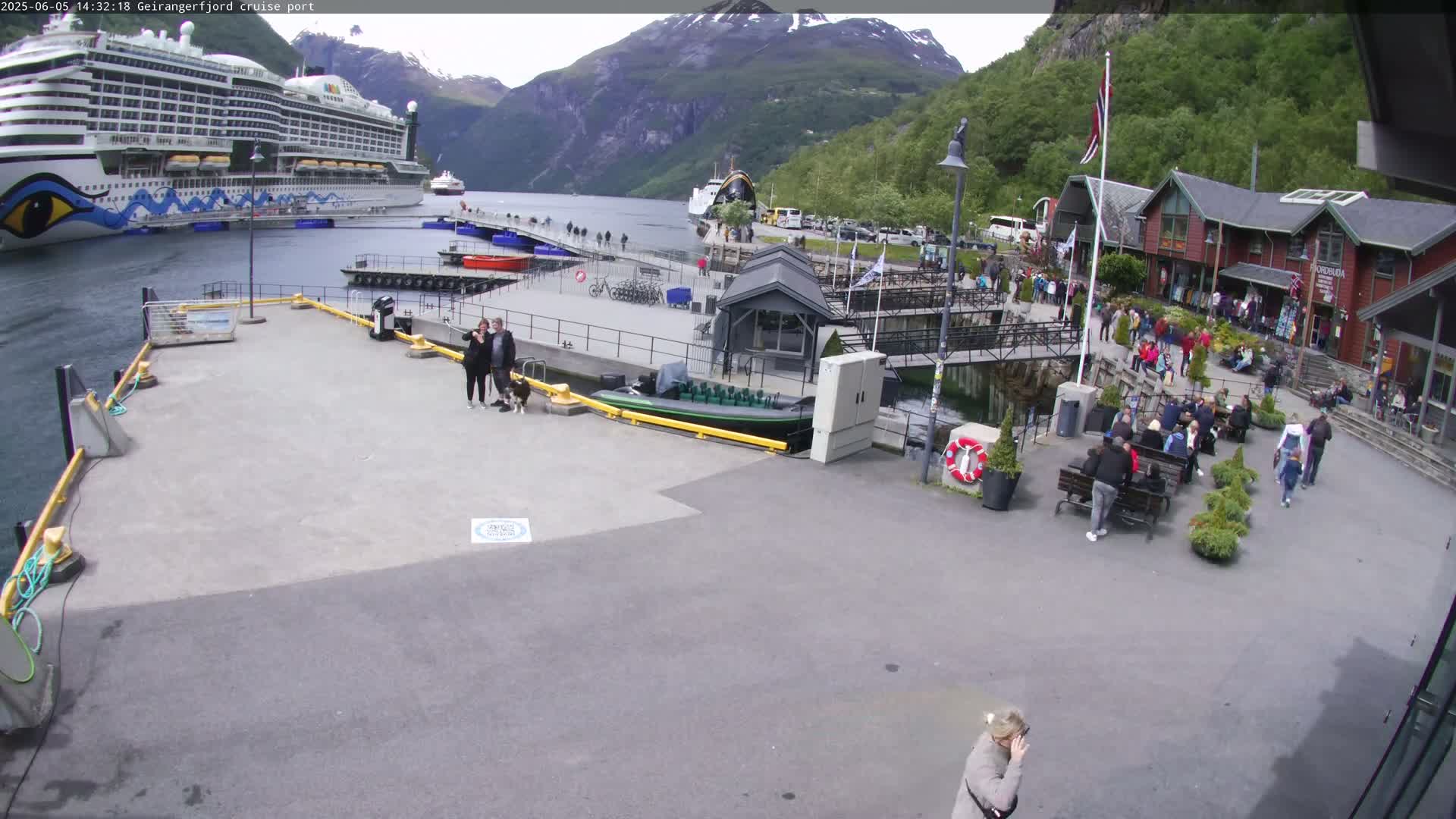 A cruise ship is docked at a port in a fjord, surrounded by buildings, people, and mountains under sunny skies.