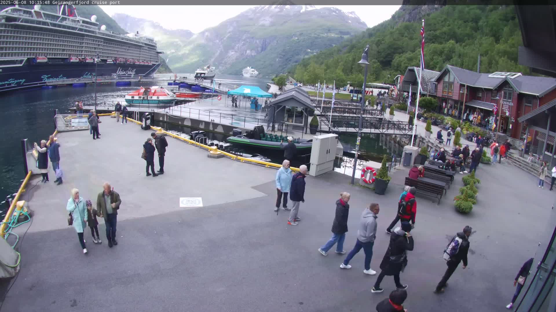A cruise ship is docked at a port in a fjord surrounded by mountains on an overcast day, with numerous people walking around the area.