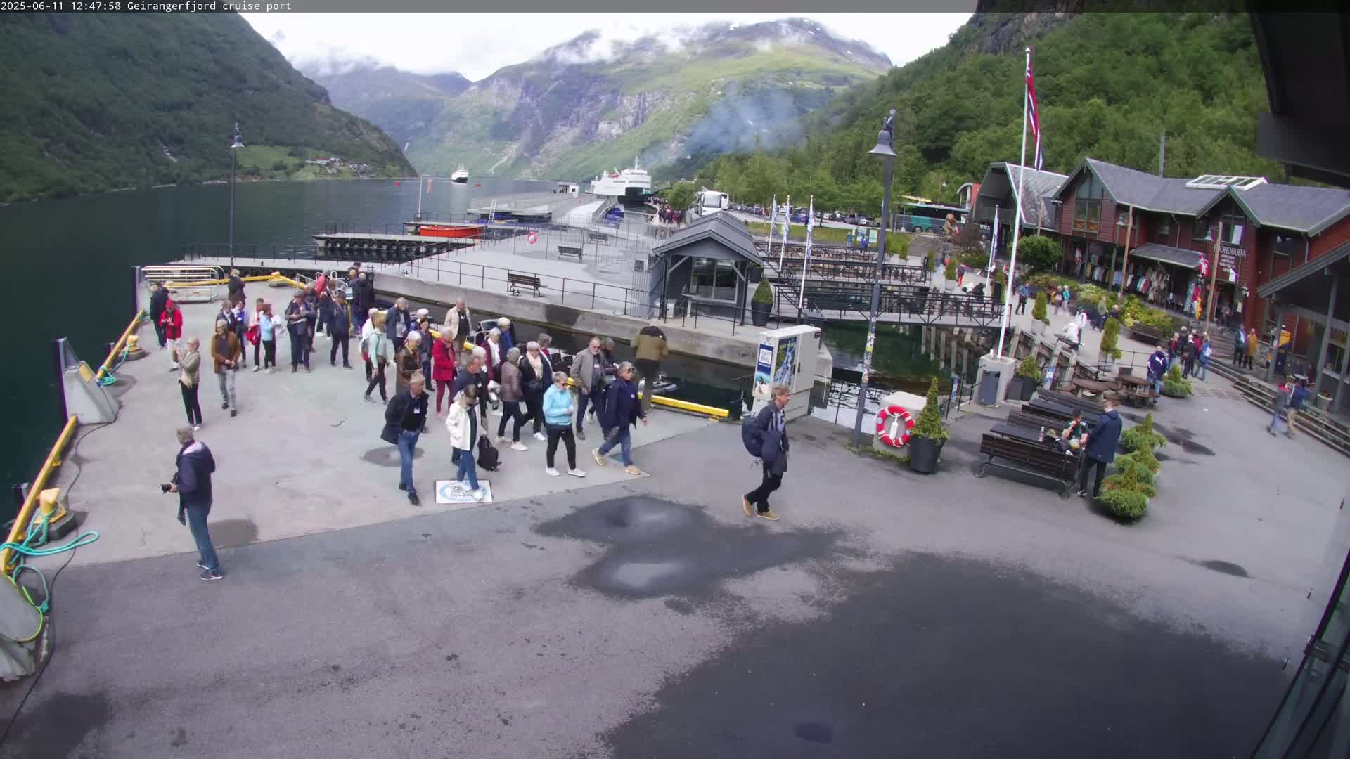 A cruise ship port in a fjord, under overcast skies, shows many tourists walking around the docks near moored ships and shops.