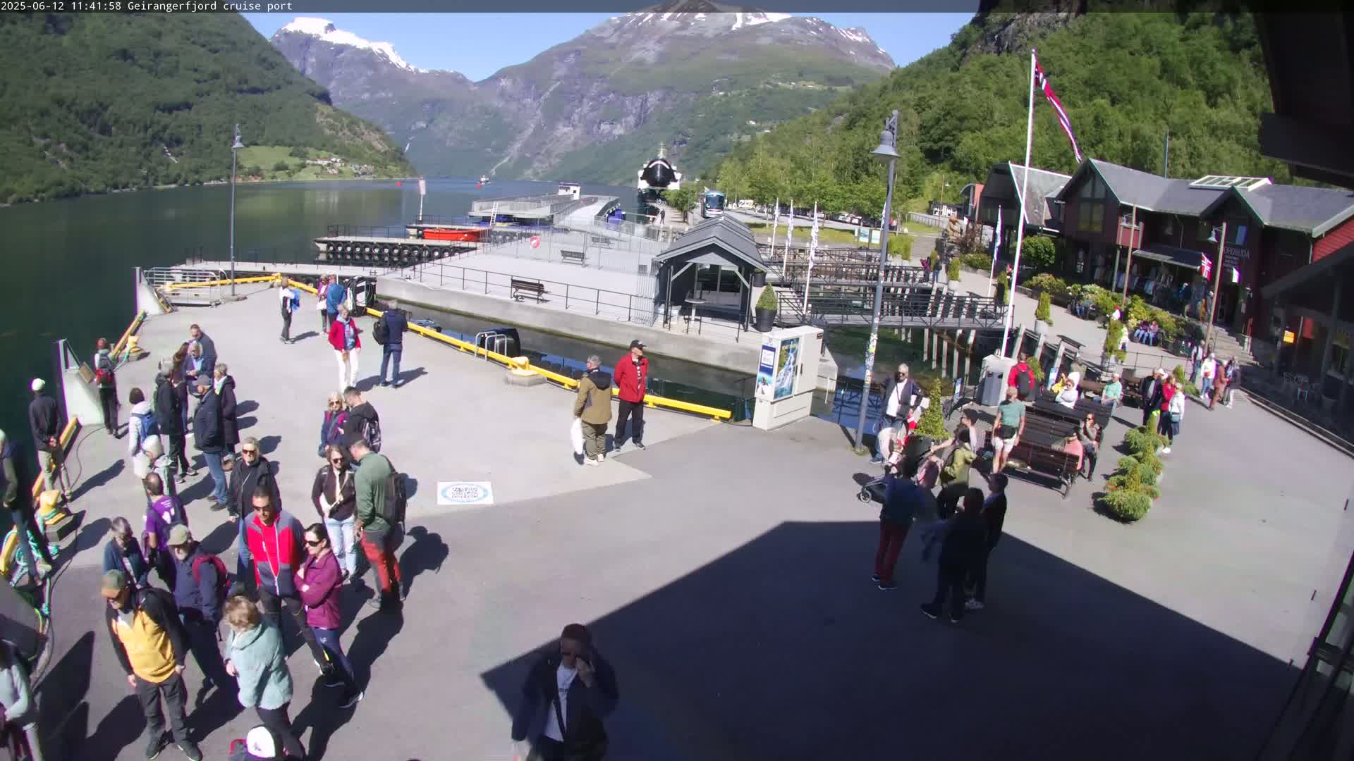 A cruise ship port in a fjord, surrounded by mountains under a sunny sky, is bustling with tourists.