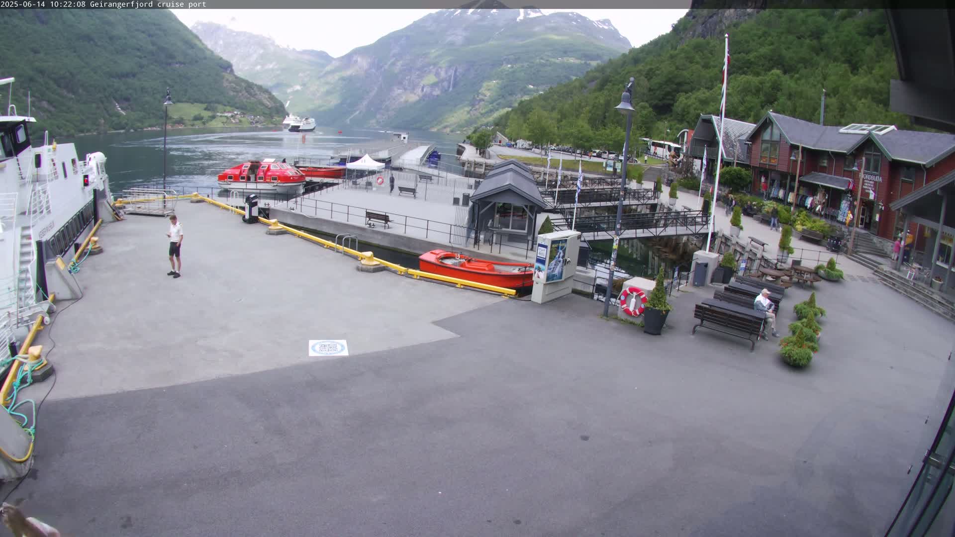 A cruise ship port in a fjord, with calm water, mountains in the background, and several smaller boats moored nearby.