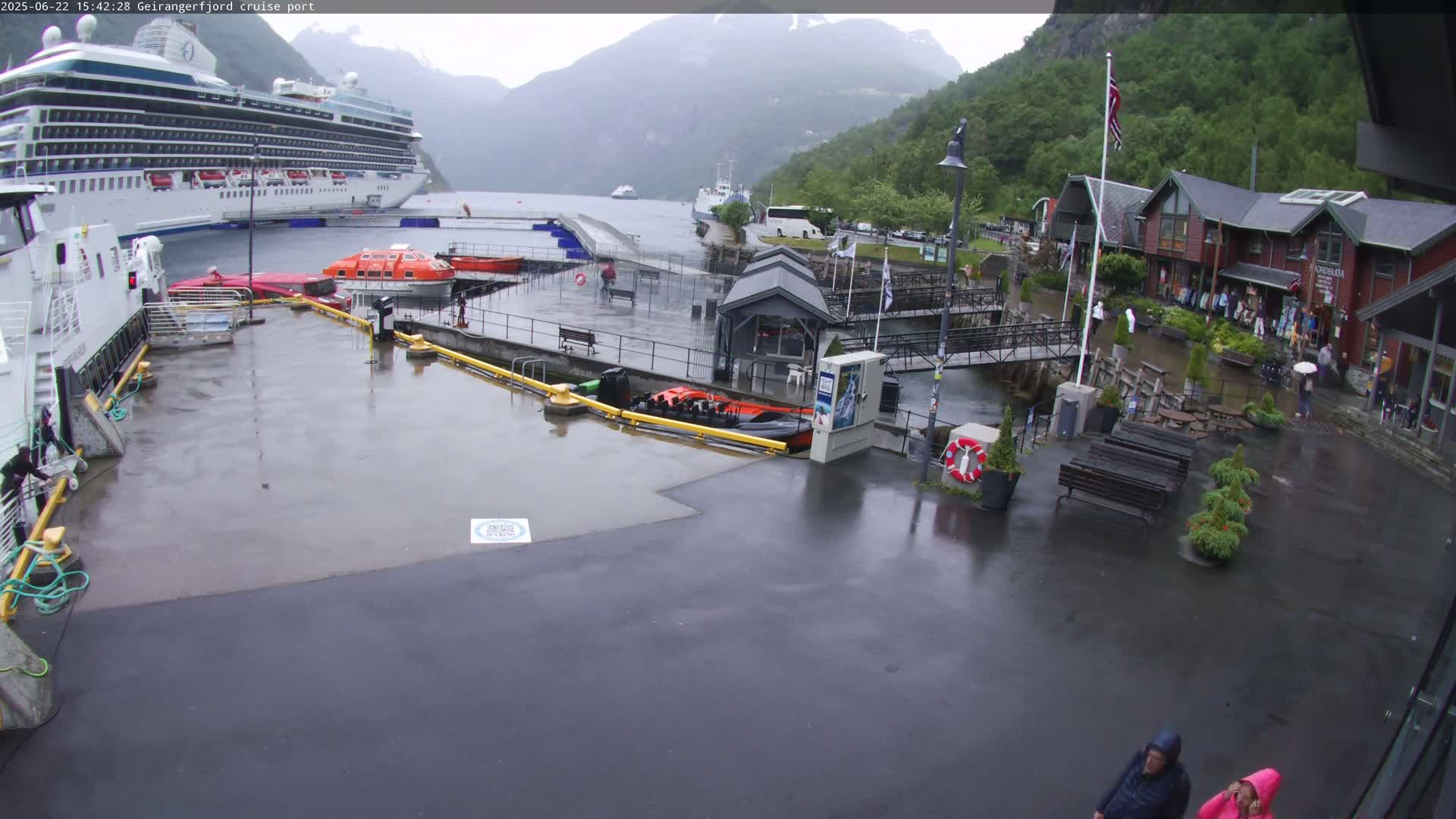 A cruise ship is docked at a rainy port, with smaller boats and people visible on the wet dock and surrounding buildings.