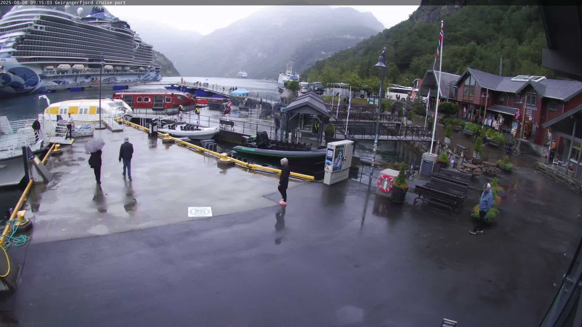 A large cruise ship is docked at a rainy port, where several people are walking on a wet dock amidst small boats and shops.