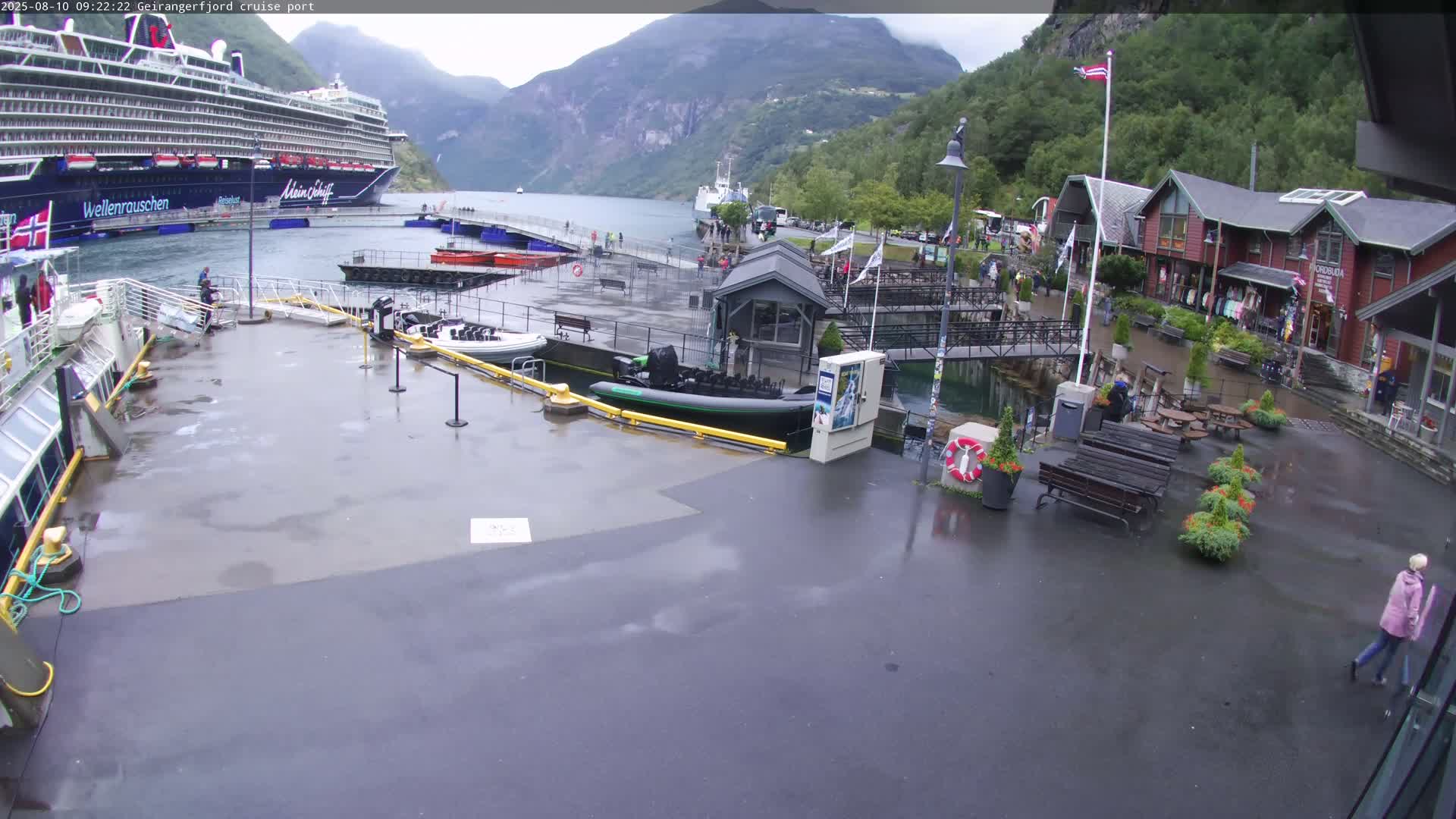 A cruise ship is docked at a port in a fjord, with rain falling on the wet pavement of the harbor area, where smaller boats and shops are visible.