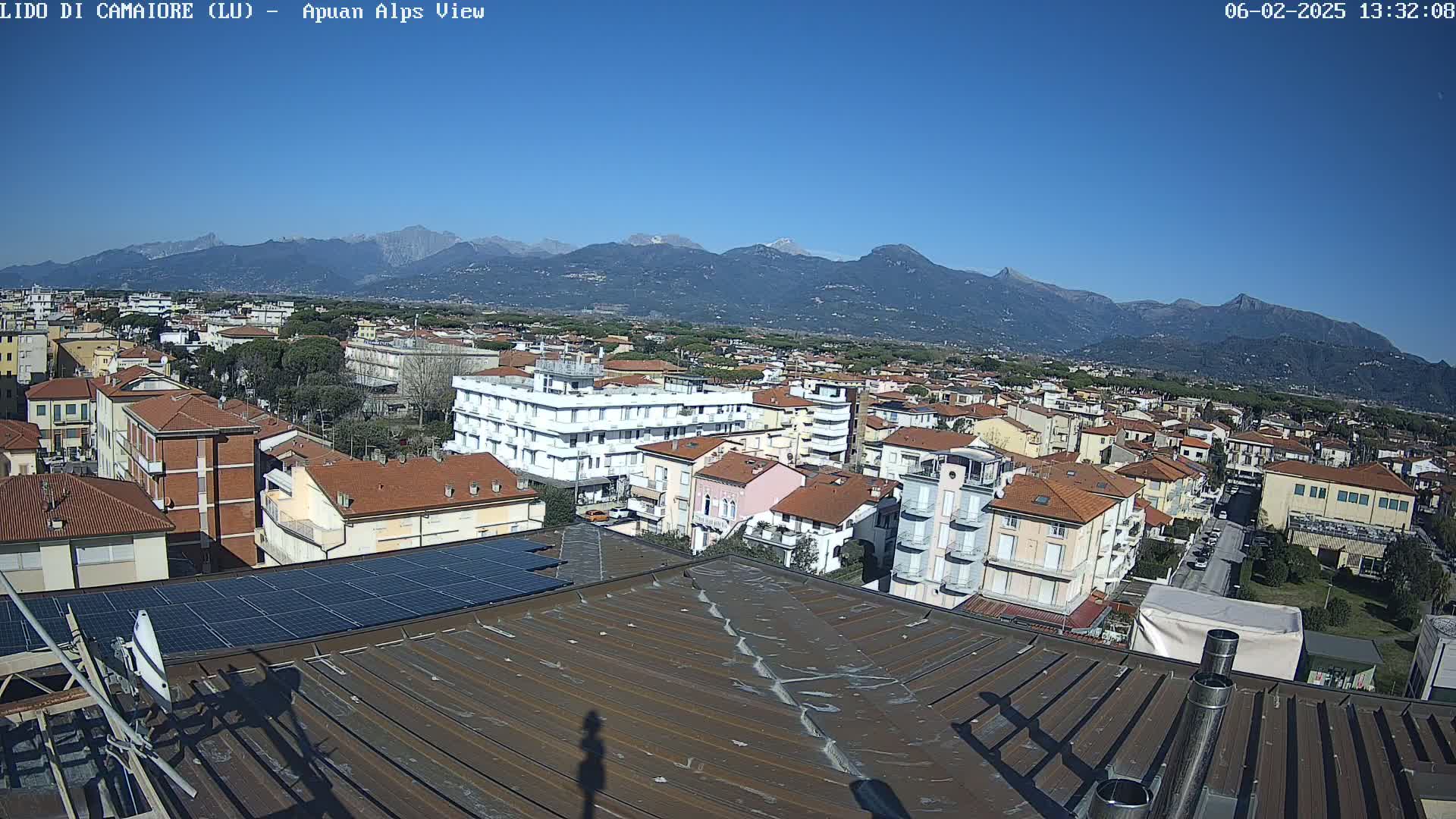 A rooftop view of a town nestled at the foot of mountains on a clear, sunny day.