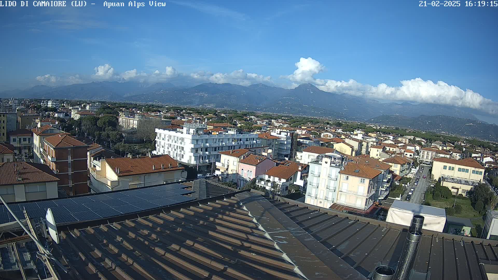 A rooftop view of a town nestled against mountains under a partly cloudy blue sky.