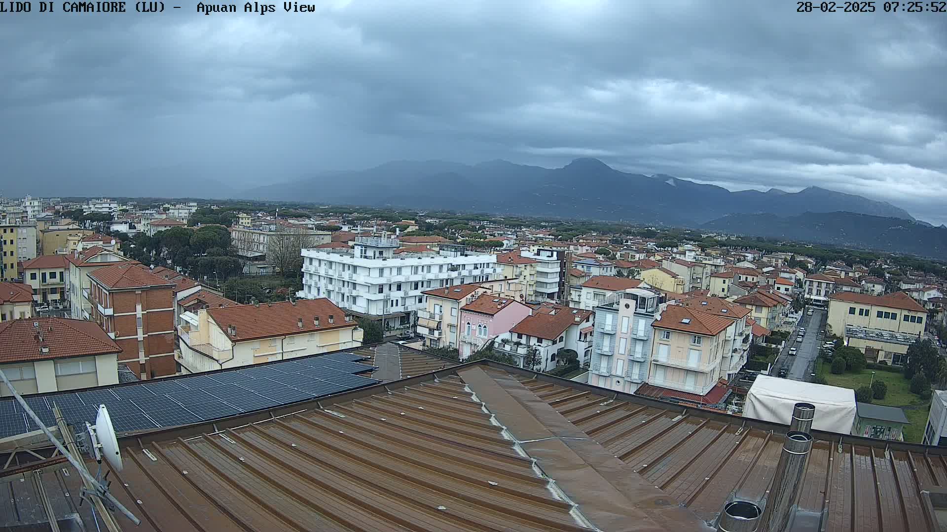 A rooftop view of a town under a cloudy sky, with mountains visible in the distance.