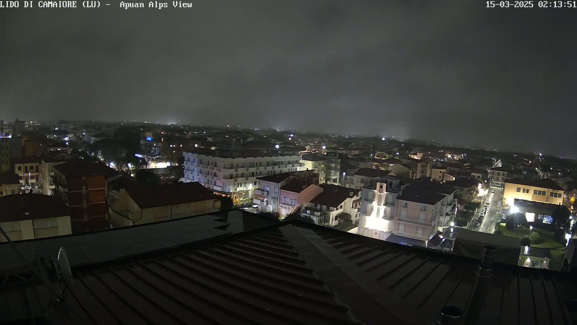 A nighttime view of a town under a dark, overcast sky shows numerous buildings lit up with streetlights, seen from a rooftop.