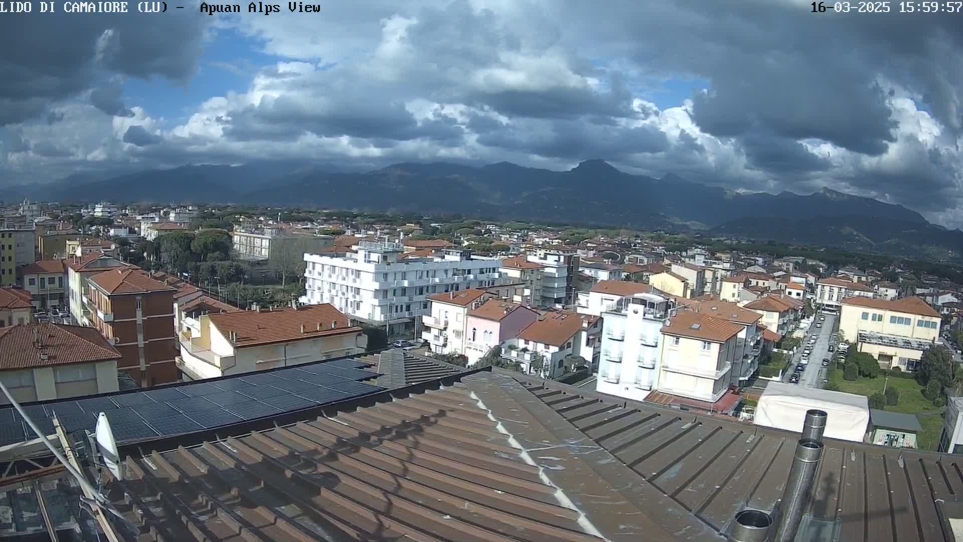 A partly cloudy sky overlooks a town of low-rise buildings, with mountains in the background.