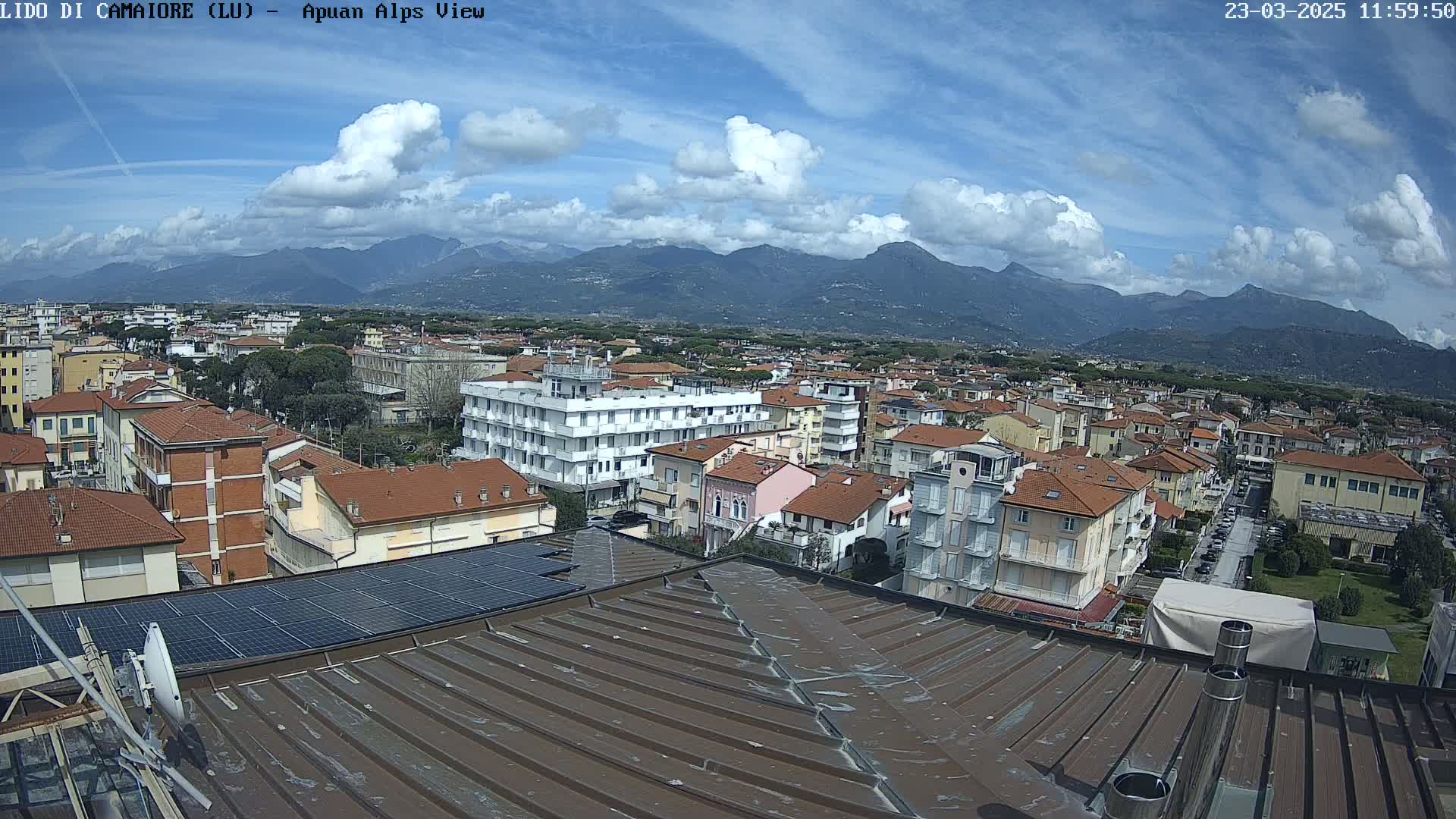 A rooftop view shows a town under a partly cloudy blue sky, with mountains visible in the distance.