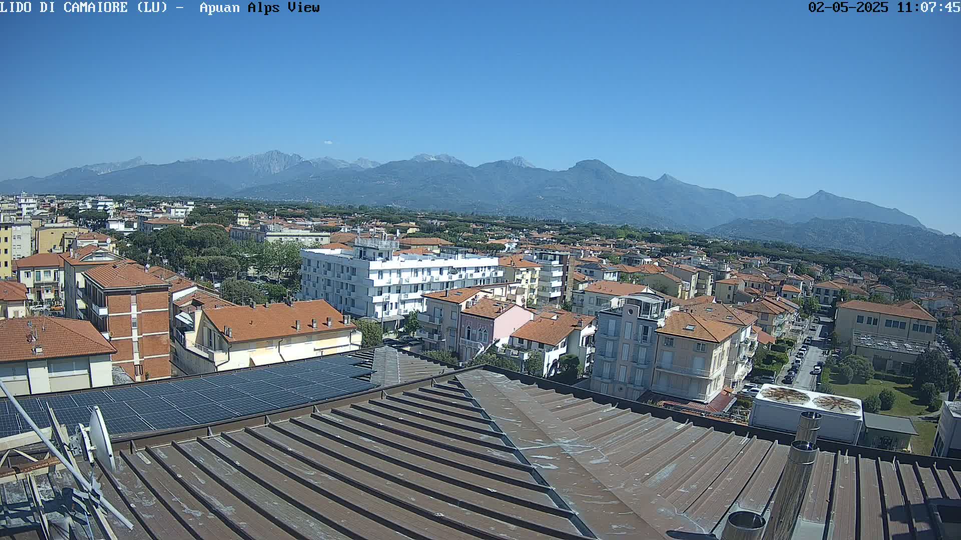 A rooftop view shows a town with numerous buildings under a clear blue sky and distant mountains.