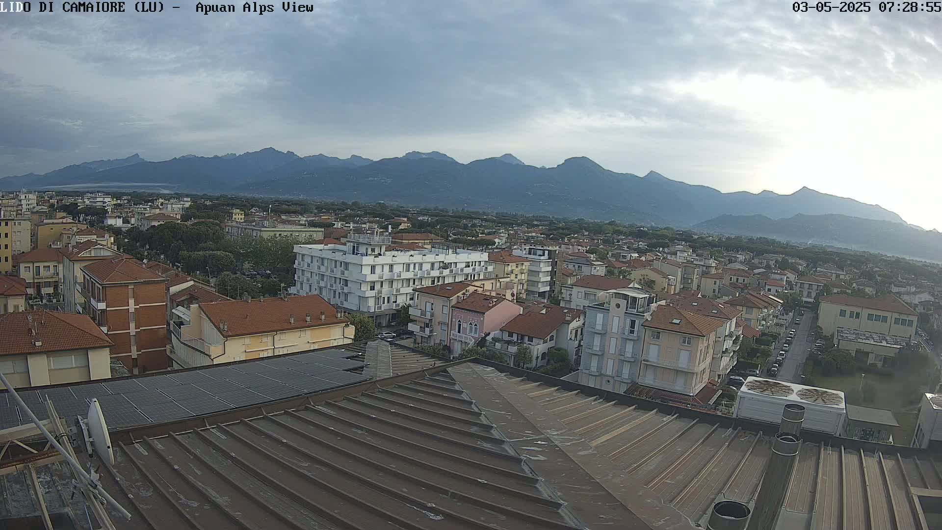 A rooftop view of a town, under a partly cloudy sky, with mountains in the background.