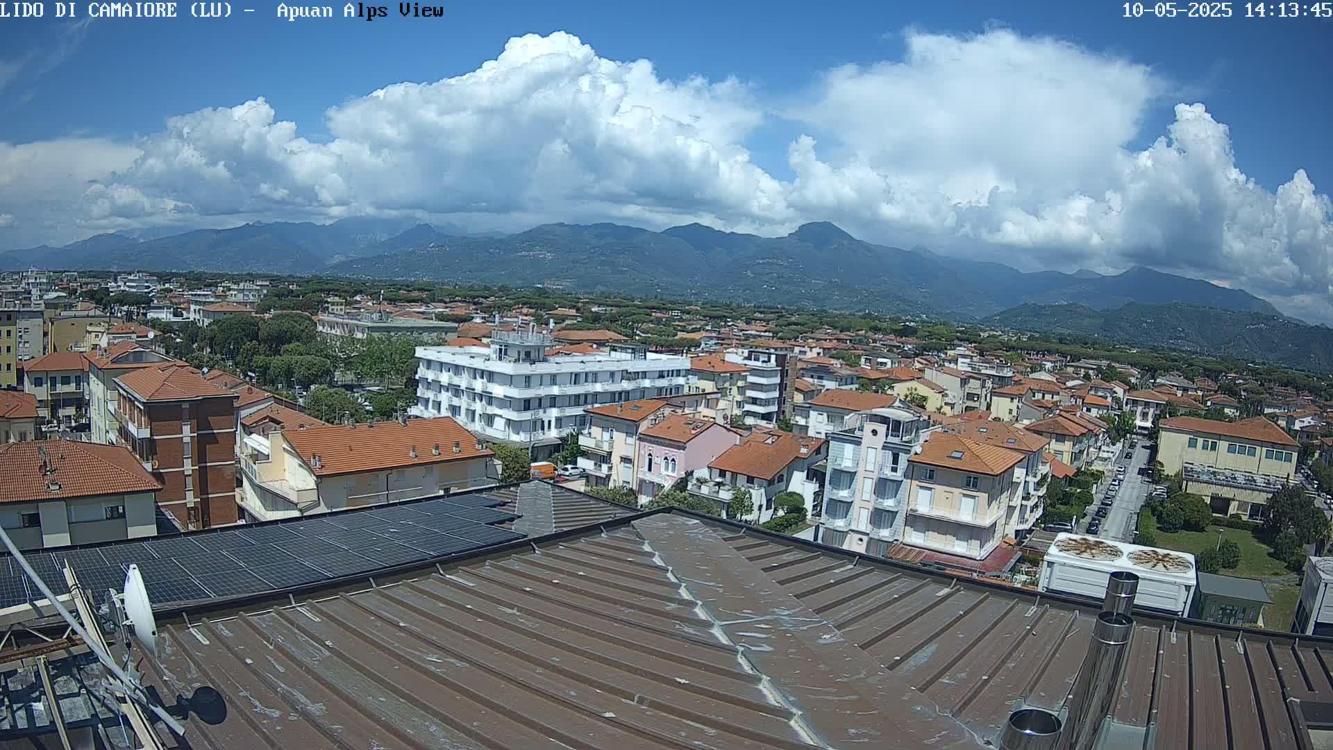 A partly cloudy sunny day overlooks a town of low-rise buildings nestled at the foot of a mountain range.